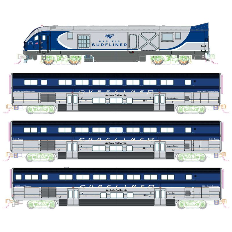 (N) Amtrak SC-44 & Amtrak Pacific Surfliner 4 Unit Base Set w/Pre-Installed DCC
