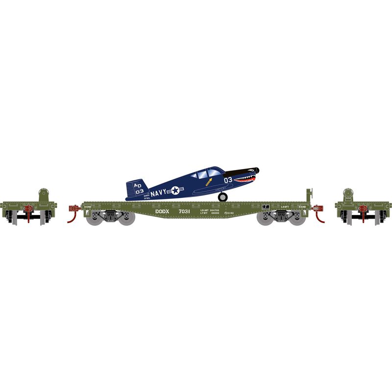 HO 40' Flat Car with Plane, DODX, Navy #7031