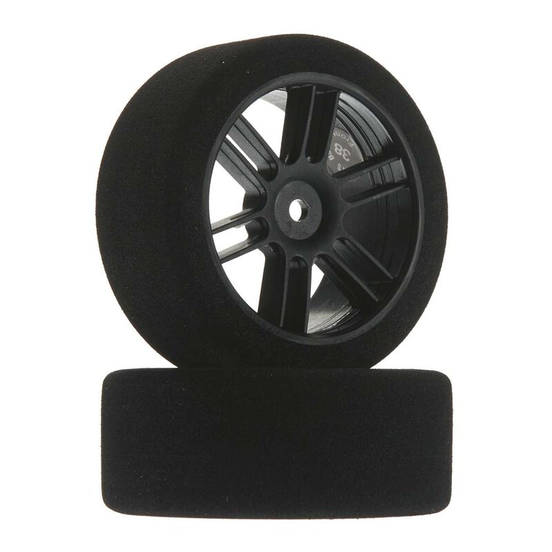 1/10 26mm Nitro Touring Foam Tires, Mounted, 38 Front, Black Wheels (2)
